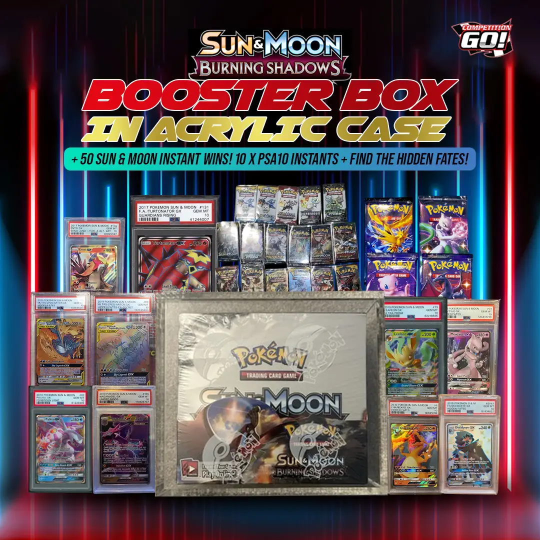 WIN - BURNING SHADOWS BOOSTER BOX IN ACRYLIC CASE + 50 SUN & MOON INSTANT WINS! 10 X PSA10 INSTANTS + FIND THE HIDDEN FATES